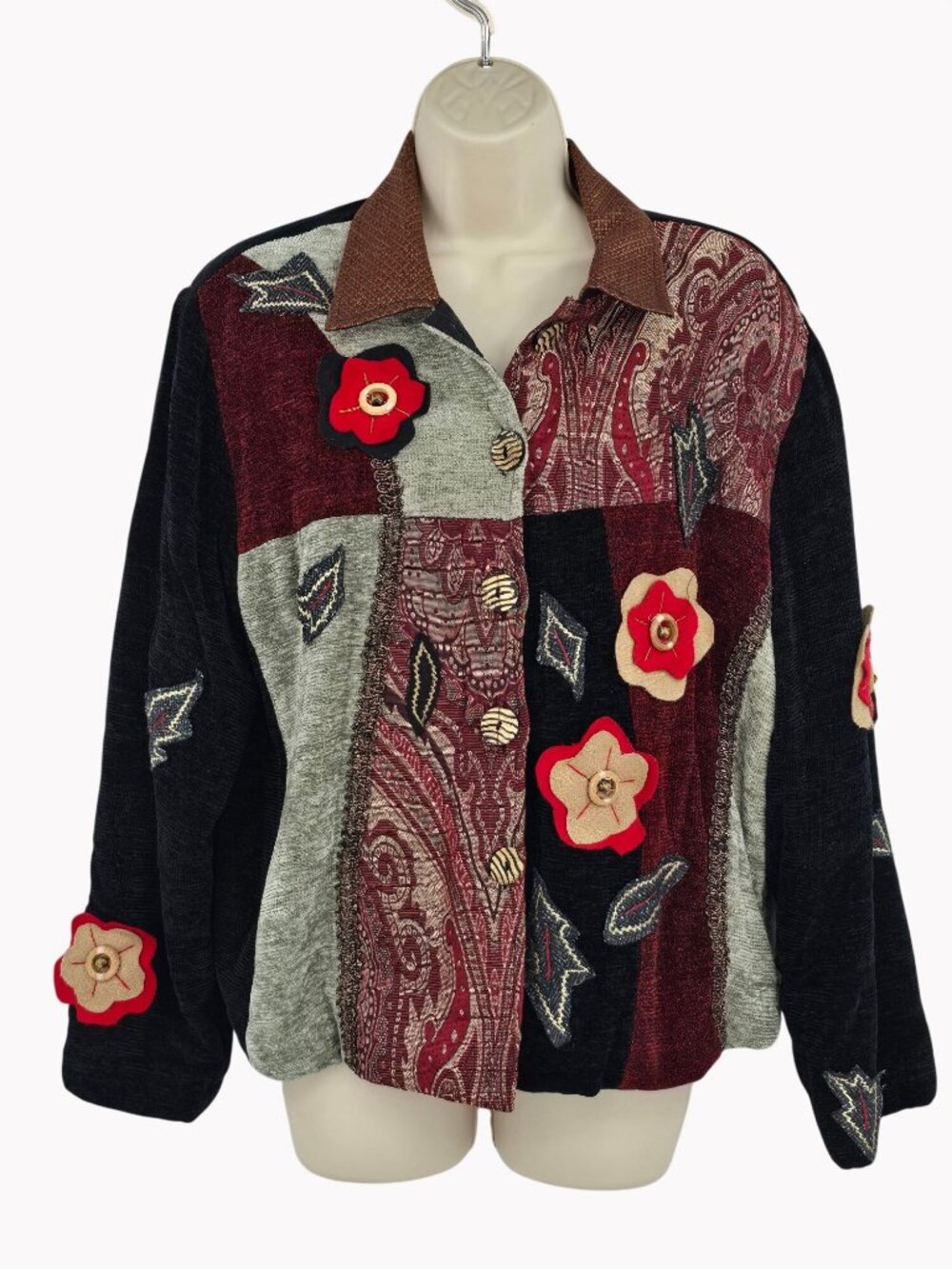 Alex Kim By Allure Womens L Vintage Patchwork Jacket Floral Applique Art To Wear